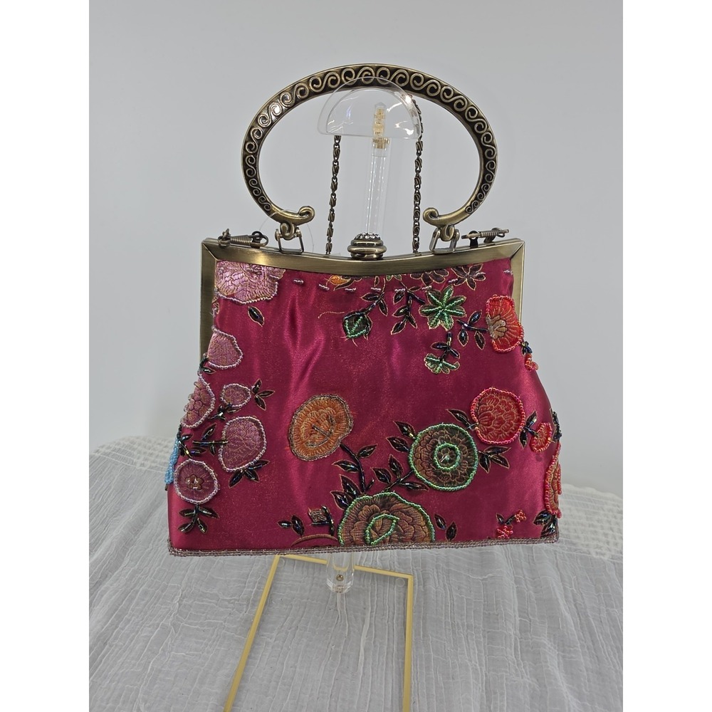 Coquette Aesthetic Pink Satin Beaded Flower Purse Retro Kiss Lock Handbag